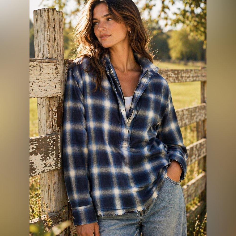 RtA Road to Awe Blue Plaid Oversized Utility Pullover Shirt L